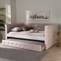 Baxton Studio CF8825-Light Pink-Daybed-F/T Amaya Modern and Contemporary Light Pink Velvet Fabric Upholstered Full Size Daybed with Trundle